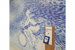 “Akoestische panelen Microperfo,  met digitale bedrukking  blauwe vinge..